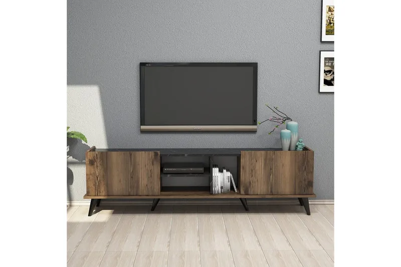 Tv-bänk & mediabänk NO_BRAND Challur Tv-bänk 180 cm Valnöt,Svart - Möbler - Tv möbel & mediamöbel - TV bänk & mediabänk