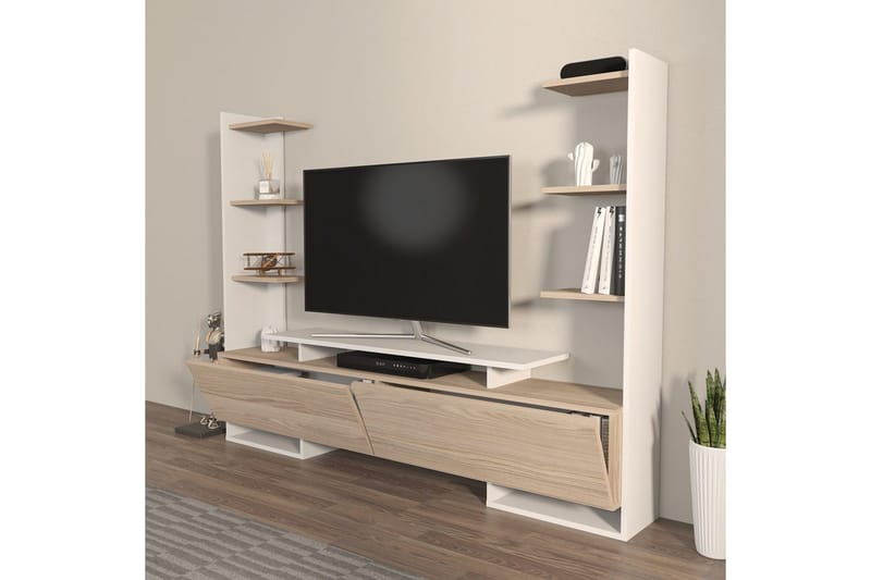 TV-bänk Akdere Vit / Ek - Mediumfärgat trä/Vit - Möbler - Tv möbel & mediamöbel - TV bänk & mediabänk