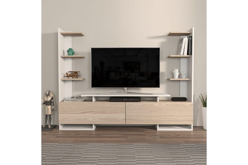 TV-bänk Akdere Vit / Ek - Mediumfärgat trä/Vit - Möbler - Tv möbel & mediamöbel - TV bänk & mediabänk