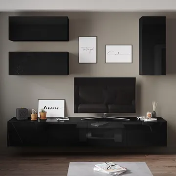 Tv-bänk inkl. hyllor 41x240 cm | Vägghängd | Badachro - Svart - Möbler - Tv möbel & mediamöbel - TV-möbelset
