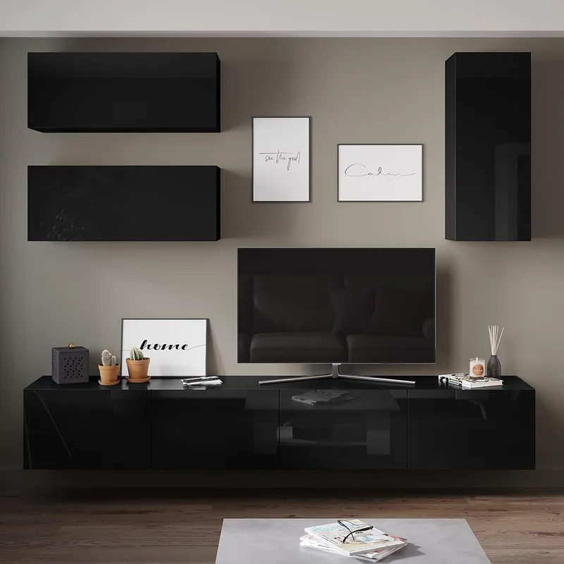 Tv-bänk inkl. hyllor 41x240 cm | Vägghängd | Badachro - Svart - Möbler - Tv möbel & mediamöbel - TV-möbelset