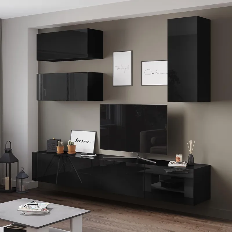 Tv-bänk inkl. hyllor 41x240 cm | Vägghängd | Badachro - Svart - Möbler - Tv möbel & mediamöbel - TV-möbelset