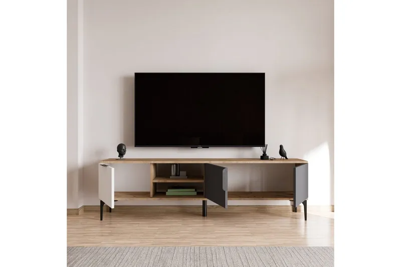 TV-bänk Kunar Vit / Antracit / Ek - Vit / Antracit / Ek - Möbler - Tv möbel & mediamöbel - TV bänk & mediabänk