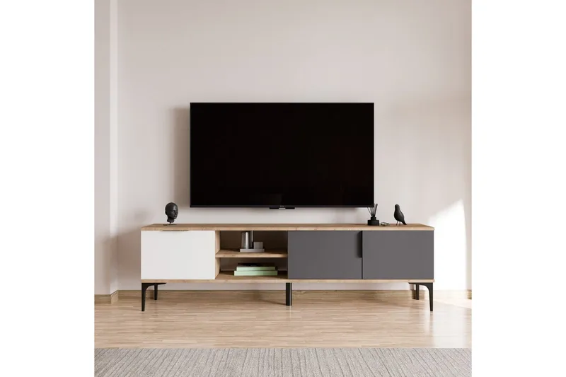 TV-bänk Kunar Vit / Antracit / Ek - Vit / Antracit / Ek - Möbler - Tv möbel & mediamöbel - TV bänk & mediabänk