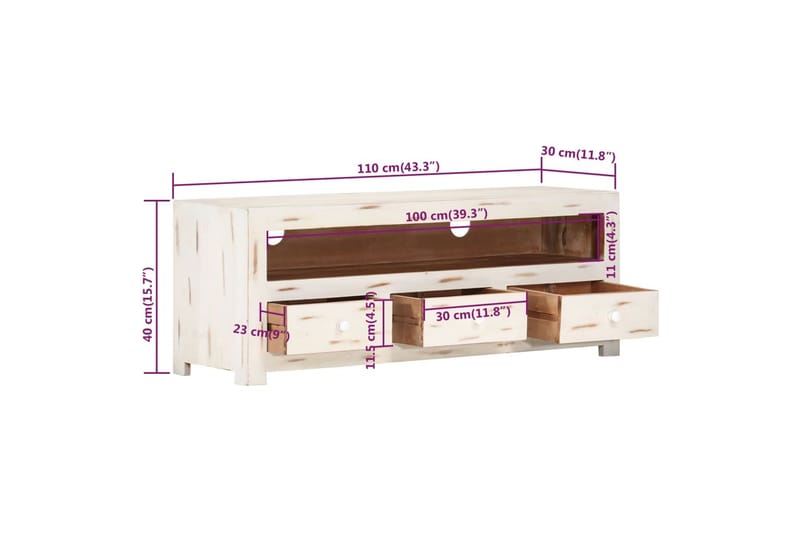 Tv-bänk massivt akaciaträ 110x30x40 cm vit - Vit - Möbler - Tv möbel & mediamöbel - TV bänk & mediabänk