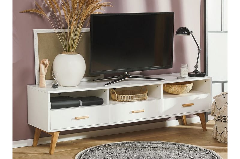 Alfambra Lång Golvstående Tv Bänk 180 cm med Förvaring i Ek - Vit - Möbler - Tv möbel & mediamöbel - TV bänk & mediabänk