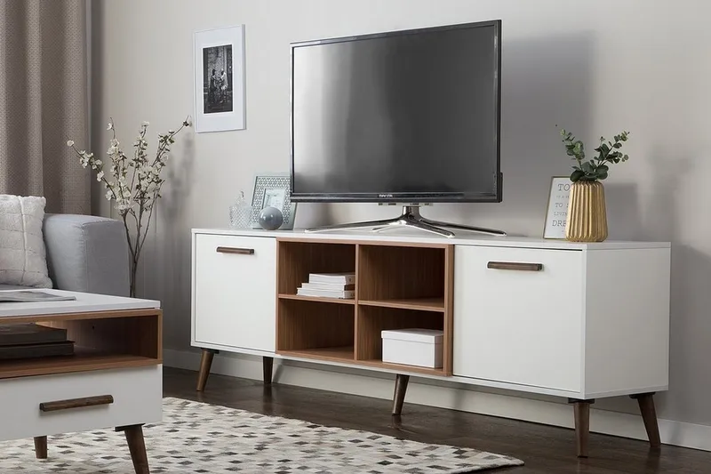 Alloa Golvstående TV Bänk 180 cm med Förvaring i Ljust Trä - Vit - Möbler - Tv möbel & mediamöbel - TV bänk & mediabänk