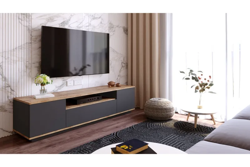 Anari Tv-bänk 180 cm med Hylla, Antracit/Natur