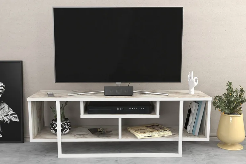 Andifli Golvstående Tv Bänk 120 cm med Förvaring i Trä - Marmorbeige - Möbler - Tv möbel & mediamöbel - TV bänk & mediabänk
