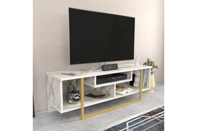 Andifli Golvstående Tv-bänk 120 cm med Förvaring i Trä med Metallunderrede och stenutseende - Vit - Möbler - Tv möbel & mediamöbel - TV bänk & mediabänk
