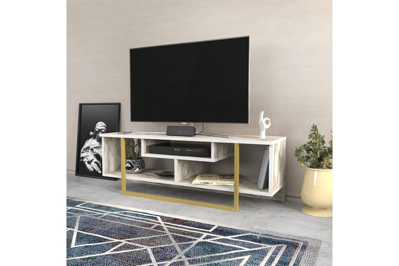 Andifli Golvstående Tv-bänk 120 cm med Förvaring i Trä med Metallunderrede och stenutseende - Vit - Möbler - Tv möbel & mediamöbel - TV bänk & mediabänk