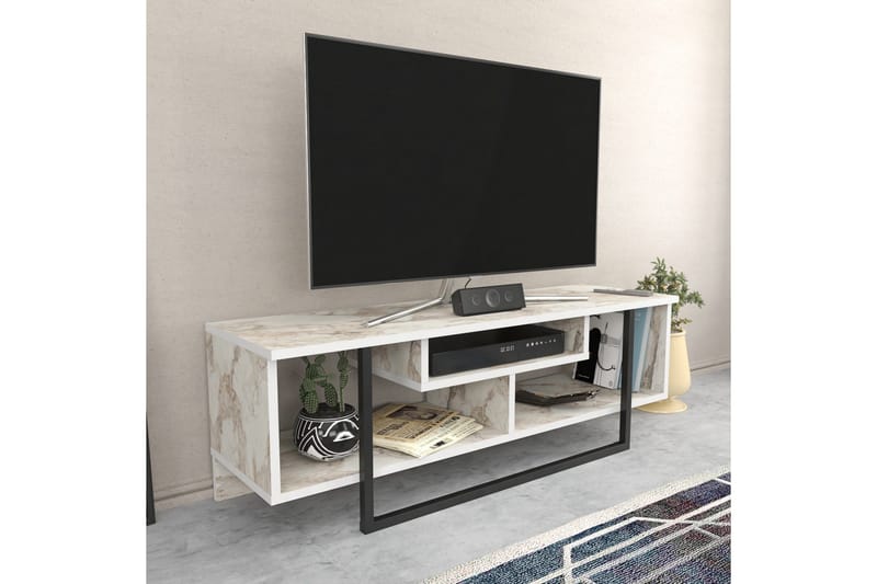 Andifli Golvstående Tv-bänk 120 cm med Förvaring i Trä med Metallunderrede - Vit - Möbler - Tv möbel & mediamöbel - TV bänk & mediabänk