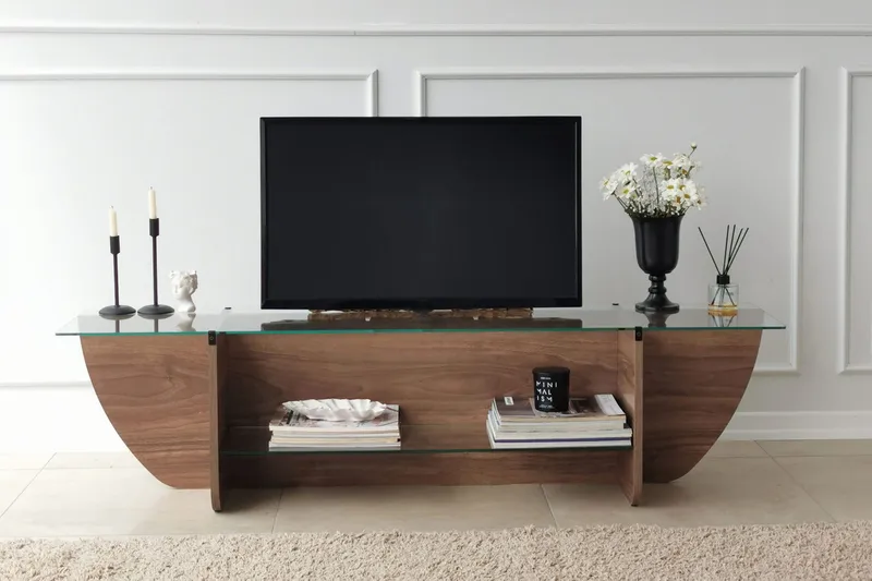 Andifli Golvstående TV-bänk 158 cm med Förvaring i Trä med Glasskiva - Brun - Möbler - Tv möbel & mediamöbel - TV bänk & mediabänk