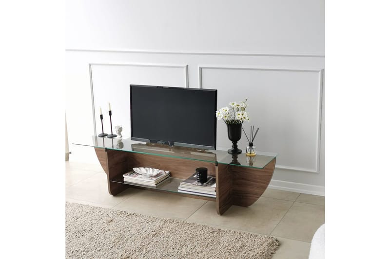 Andifli Golvstående TV-bänk 158 cm med Förvaring i Trä med Glasskiva - Brun - Möbler - Tv möbel & mediamöbel - TV bänk & mediabänk