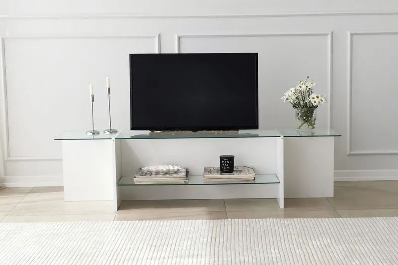 Andifli Tv Bänk 158 cm med Förvaring i Glas med Träunderrede - Klar - Möbler - Tv möbel & mediamöbel - TV bänk & mediabänk