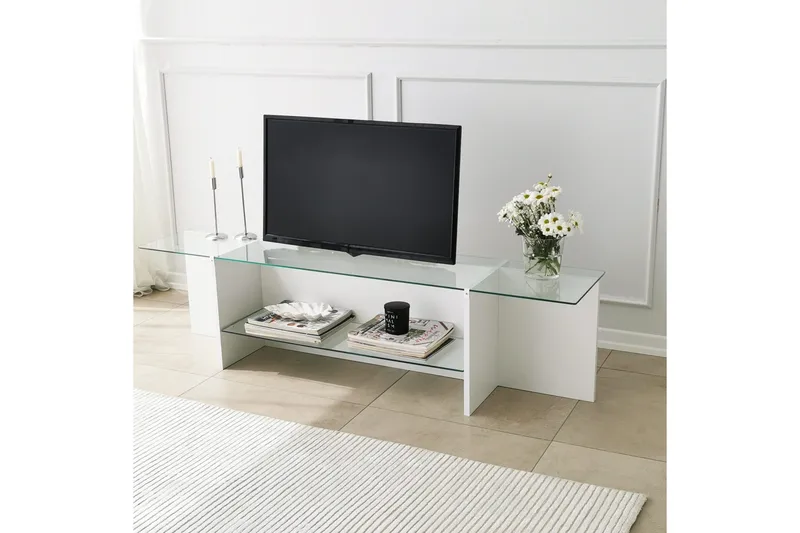 Andifli Tv Bänk 158 cm med Förvaring i Glas med Träunderrede - Klar - Möbler - Tv möbel & mediamöbel - TV bänk & mediabänk