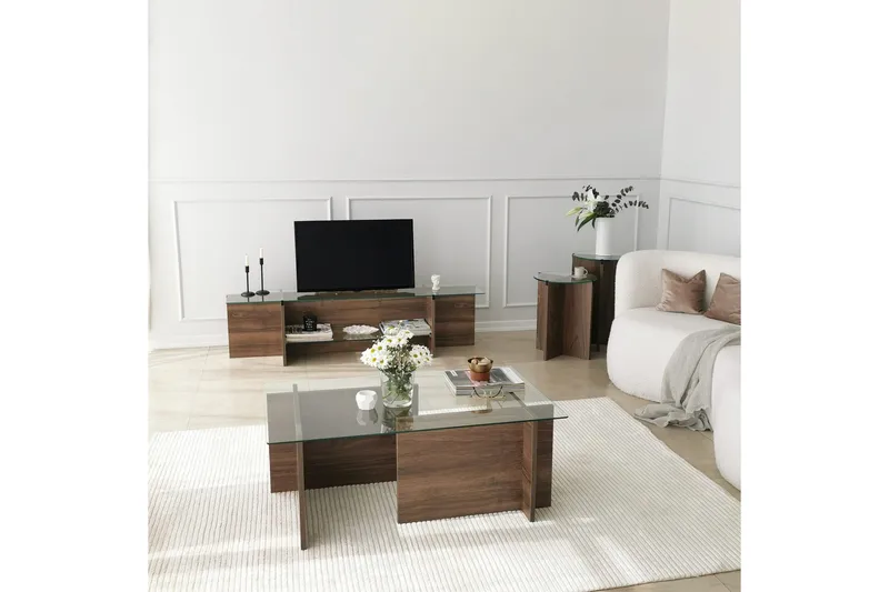 Andifli TV-bänk 158 cm med Förvaring i Trä med Glasskiva - Brun - Möbler - Tv möbel & mediamöbel - TV bänk & mediabänk