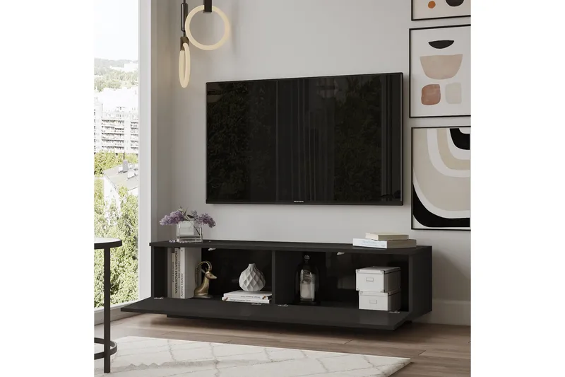 Caswell Golvstående Tv-bänk 140 cm med Förvaring i Målat Trä - Svart - Möbler - Tv möbel & mediamöbel - TV bänk & mediabänk