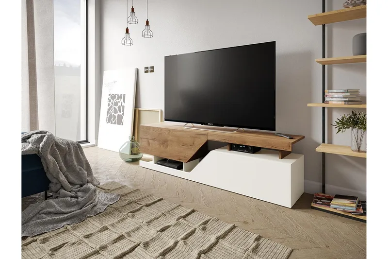 Ceelias Golvstående TV Bänk med Förvaring 160 cm i Målat Trä - Vit|Beige - Möbler - Tv möbel & mediamöbel - TV bänk & mediabänk