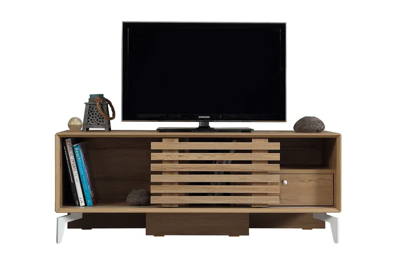 Comfortale Golvstående TV Bänk 125 cm med Förvaring i Ljust Trä, Brun