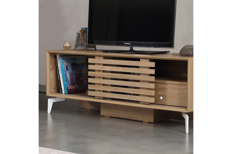 Comfortale Golvstående TV Bänk 125 cm med Förvaring i Ljust Trä - Brun - Möbler - Tv möbel & mediamöbel - TV bänk & mediabänk