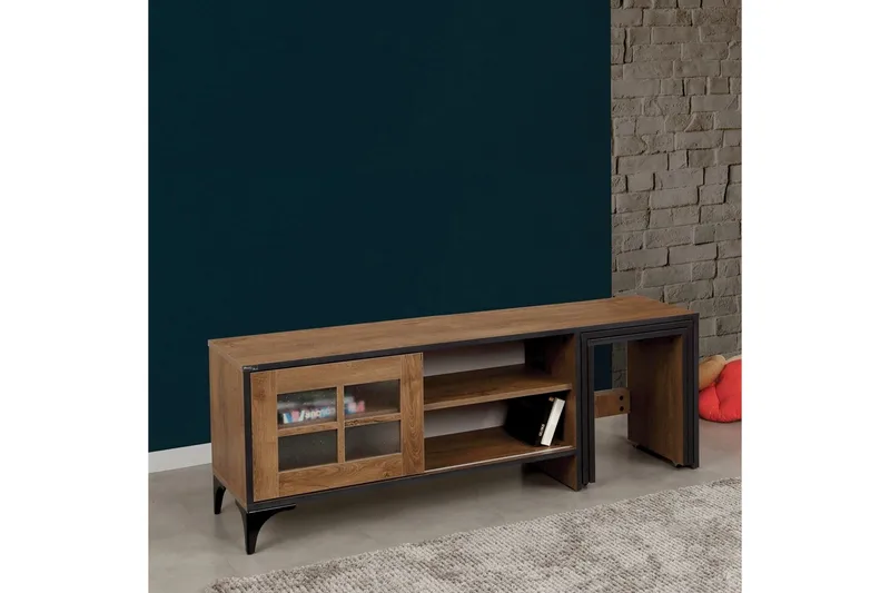 Comfortale Golvstående TV Bänk 150 cm med Förvaring och Hjul i Mörkt Trä - Brun - Möbler - Tv möbel & mediamöbel - TV bänk & mediabänk