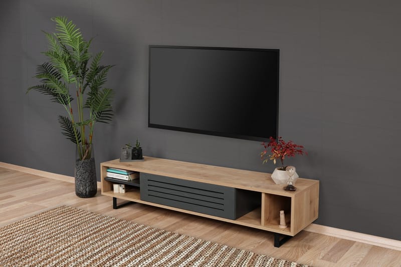 Gersby Golvstående TV Bänk 160 cm med Förvaring i Ljust Trä - Grå|Beige - Möbler - Tv möbel & mediamöbel - TV bänk & mediabänk
