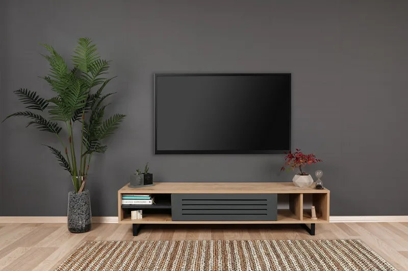 Gersby Golvstående TV Bänk 160 cm med Förvaring i Ljust Trä - Grå|Beige - Möbler - Tv möbel & mediamöbel - TV bänk & mediabänk