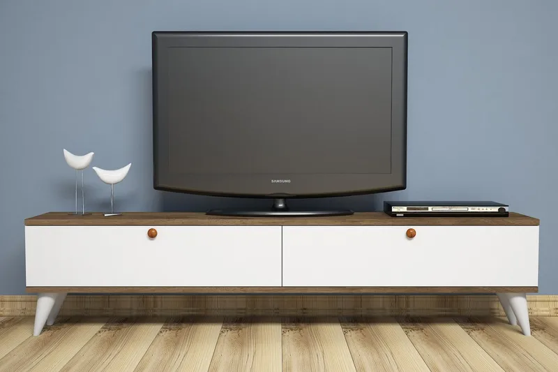 Gersby Golvstående TV Bänk 160 cm med Förvaring i Mörkt Trä, Vit