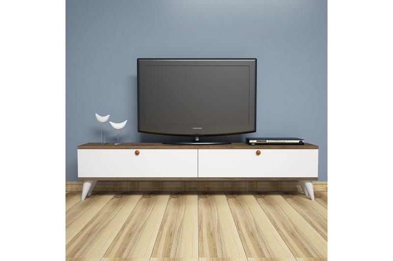 Gersby Golvstående TV Bänk 160 cm med Förvaring i Mörkt Trä - Vit - Möbler - Tv möbel & mediamöbel - TV bänk & mediabänk