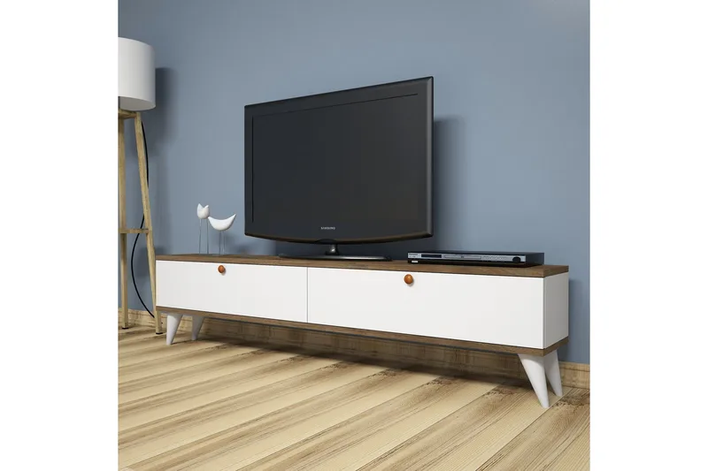 Gersby Golvstående TV Bänk 160 cm med Förvaring i Mörkt Trä - Vit - Möbler - Tv möbel & mediamöbel - TV bänk & mediabänk