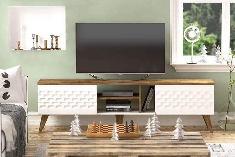 Hejde Golvstående TV Bänk 180 cm med Förvaring i Ljust Trä - Vit - Möbler - Tv möbel & mediamöbel - TV bänk & mediabänk