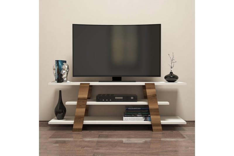 Hovdane Golvstående TV Bänk 120 cm med Förvaring i Mörkt Trä - Gräddvit - Möbler - Tv möbel & mediamöbel - TV bänk & mediabänk