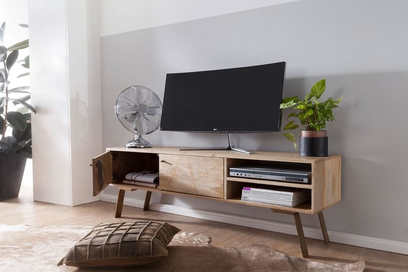 Innella Golvstående Tv Bänk 145 cm med Förvaring i Trä med Metallben - Ljus Natur - Möbler - Tv möbel & mediamöbel - TV bänk & mediabänk