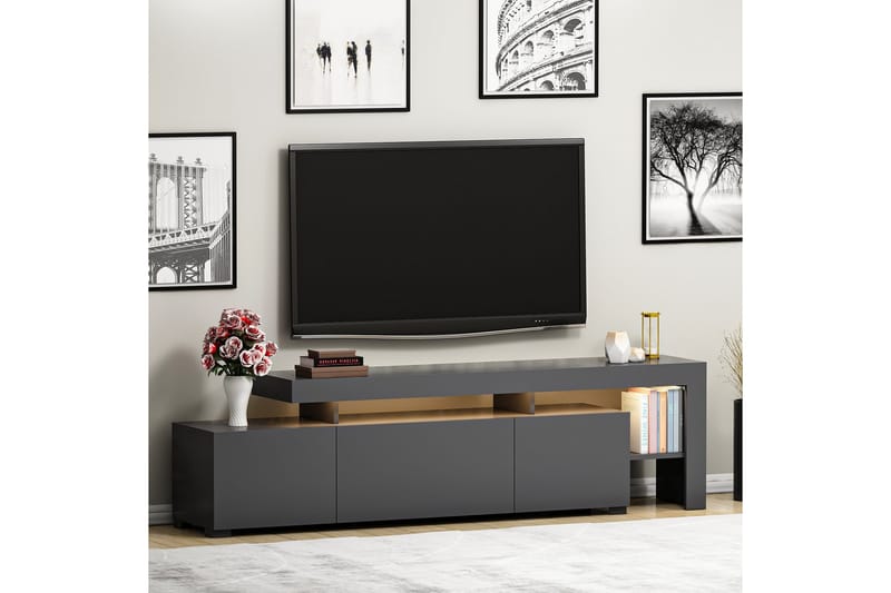 Jurukovo Golvstående TV Bänk 192 cm med Förvaring i Målat Trä - Antracit - Möbler - Tv möbel & mediamöbel - TV bänk & mediabänk