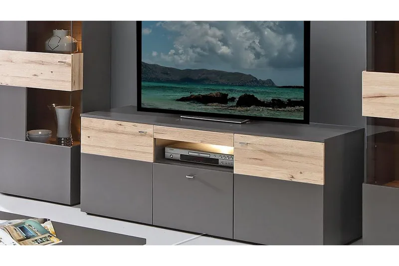 Lianne TV-bänk 150 cm  2 Dörrar Låda inkl Belysning - Plank Ek/Grå - Möbler - Tv möbel & mediamöbel - TV bänk & mediabänk