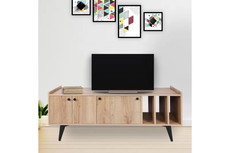 Maolina Retro Tv-bänk 150 cm med Förvaring i Trä, Ljusbrun
