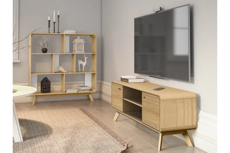 Olivet Golvstående Tv Bänk 140 cm med Förvaring i Ljust Trä - Brun - Möbler - Tv möbel & mediamöbel - TV bänk & mediabänk
