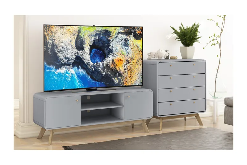 Olivet TV Bänk Rektangulär 140 cm med Förvaring i Målat Trä - Grå - Möbler - Tv möbel & mediamöbel - TV bänk & mediabänk