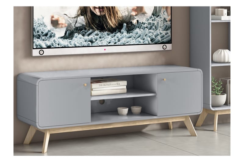 Olivet TV Bänk Rektangulär 140 cm med Förvaring i Målat Trä - Grå - Möbler - Tv möbel & mediamöbel - TV bänk & mediabänk
