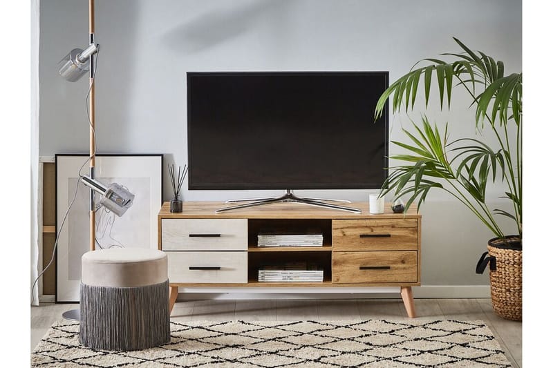Poblat Golvstående TV Bänk 120 cm med Förvaring i Bok - Ekbrun - Möbler - Tv möbel & mediamöbel - TV bänk & mediabänk