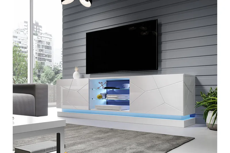 Qiu Tv-bänk 200 cm - Vit / Högglans / Glas - Möbler - Tv möbel & mediamöbel - TV bänk & mediabänk