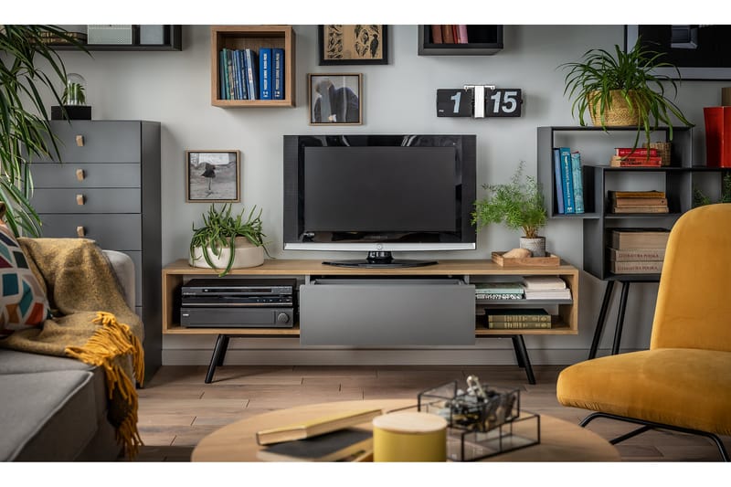 Ribbon TV-bänk 160 cm med Förvaring Trä/Natur/Grå/Svart - VOX - Möbler - Tv möbel & mediamöbel - TV bänk & mediabänk