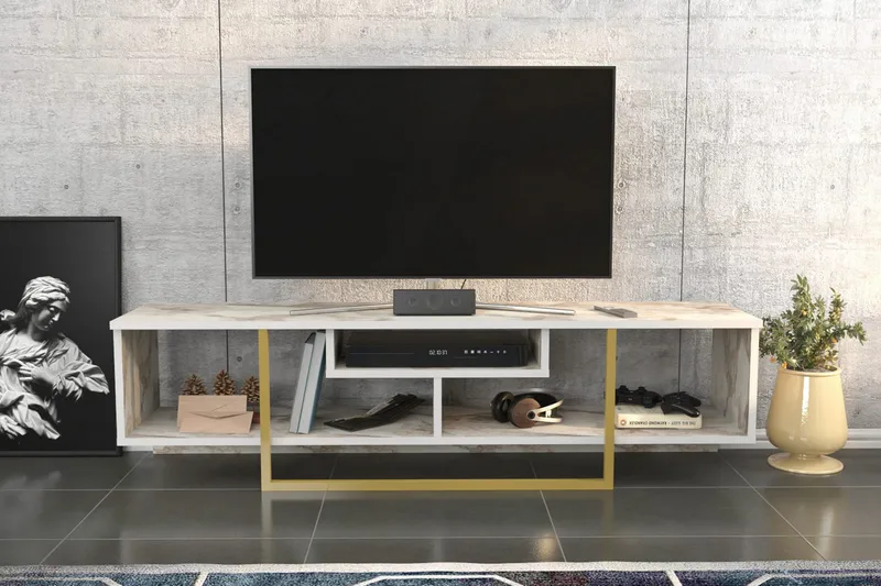 Rinorea Golvstående TV Bänk 150 cm i Trä med Metallunderrede och Förvaring - Vit - Möbler - Tv möbel & mediamöbel - TV bänk & mediabänk
