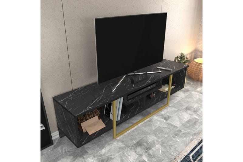 Rinorea Golvstående Tv Bänk 150 cm med Förvaring i Målat Trä med gulddetaljer - Svart - Möbler - Tv möbel & mediamöbel - TV bänk & mediabänk