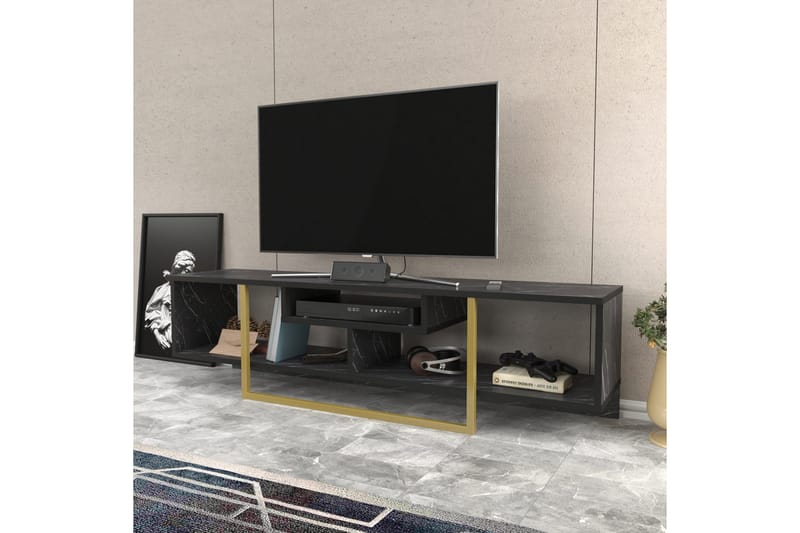 Rinorea Golvstående Tv Bänk 150 cm med Förvaring i Målat Trä med gulddetaljer - Svart - Möbler - Tv möbel & mediamöbel - TV bänk & mediabänk