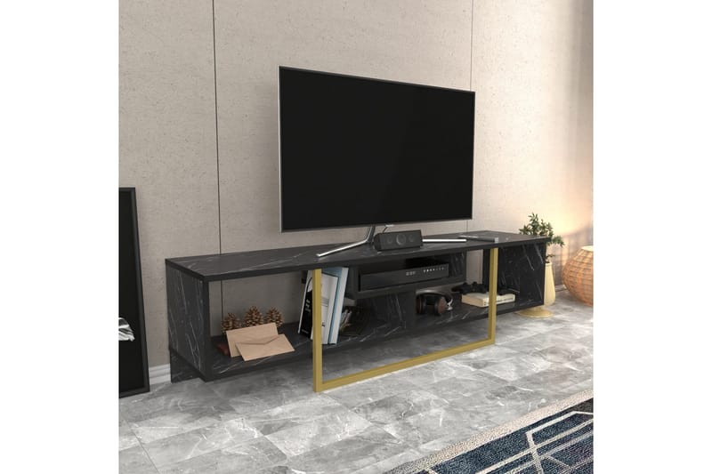 Rinorea Golvstående Tv Bänk 150 cm med Förvaring i Målat Trä med gulddetaljer - Svart - Möbler - Tv möbel & mediamöbel - TV bänk & mediabänk