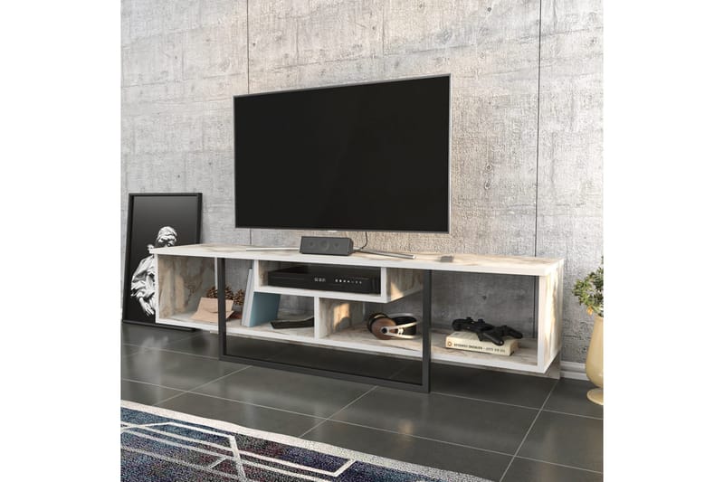 Rinorea Golvstående Tv Bänk 150 cm med Förvaring i Målat Trä med marmotutseende - Vit - Möbler - Tv möbel & mediamöbel - TV bänk & mediabänk