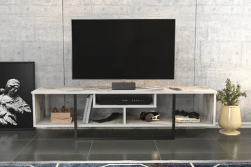 Rinorea Golvstående Tv Bänk 150 cm med Förvaring i Målat Trä med marmotutseende - Vit - Möbler - Tv möbel & mediamöbel - TV bänk & mediabänk