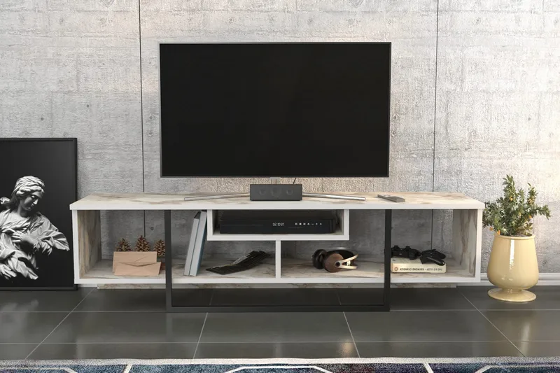 Rinorea Golvstående Tv Bänk 150 cm med Förvaring i Målat Trä med marmotutseende - Vit - Möbler - Tv möbel & mediamöbel - TV bänk & mediabänk